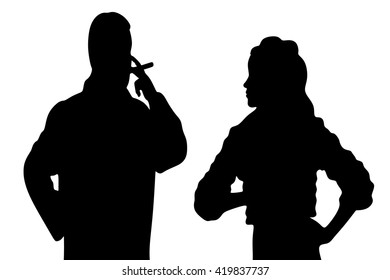 man smoking cuban cigar while beautiful girl standing