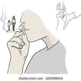 man smoking with his family on his cigarette vector illustration sketch doodle hand drawn with black lines isolated on white background. Stop smoking concept.