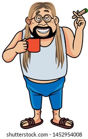 Man smoking holding mug cartoon vector illustration