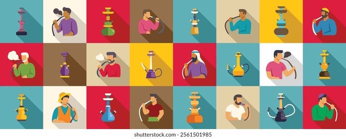 Man smoking hookah icons set. Flat vector set of different men smoking hookah, with various shisha pipes