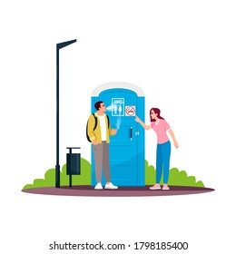 Man smoking next to a no smoking WC semi flat RGB color vector illustration. Criticizing for breaking rules. Blue portable unisex public toilet. Isolated cartoon character on white background