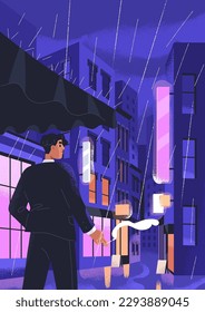 Man smoking in night city street in rain. Cityscape in rainy weather, downpour. Person standing under shelter among urban buildings with cigarette in downpour, rainfall. Flat vector illustration