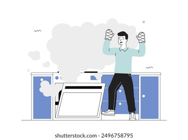 Man with smoking oven. Young guy in protective gloves near burning oven. Misfortune and accident in kitchen. Scared and shocked person. Linear vector illustration isolated on white background