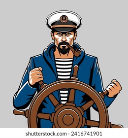 Man with a smoking pipe in a captain's cap at the helm of the ship. Vector illustration