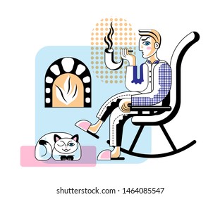 Man smoking pipe flat vector illustration. Male retro cartoon character relaxing, sitting in rocking chair. Private detective solving crime case at home isolated clipart. Cute cat lying on floor