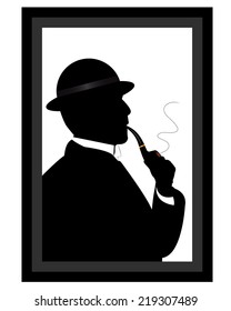 man smoking a pipe in a frame on a white background