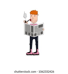 Man is smoking a pipe and reading a newspaper. Man is standing with a newspaper.