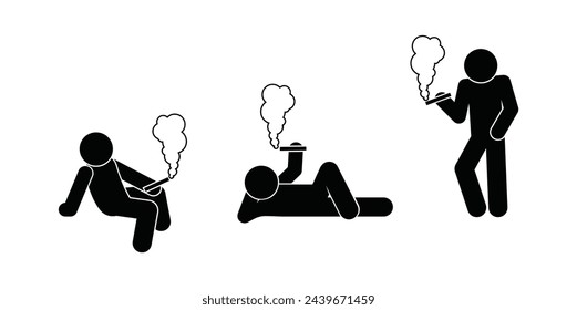 man smoking, stick figure people standing, sitting, lying, smoking isolated icon, stickman on white background