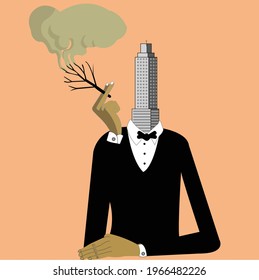 árbol humeante de hombre con cabeza de edificio - ilustración conceptual para la deforestación