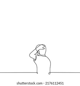 man smoothes his hair or scratches his head - one line drawing vector. the concept of preening, combing your hair with your hand or deep thinking

