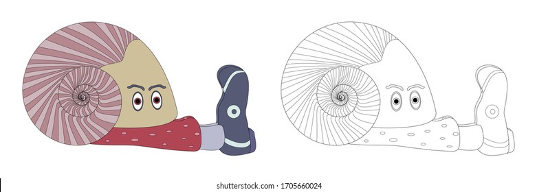 Man snail stayed home during coronavirus outbreak. COVID-19 prevention. Self isolation. Coloring page. House snail shell. Vector illustration isolated on white background. Design for T-shirt, banner.