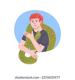 Man with snake around neck smiles and looks at green python, enjoying at presence of beloved. Vector cartoon happy owner of exotic domestic pet reptile. Flat illustration isolated on white background