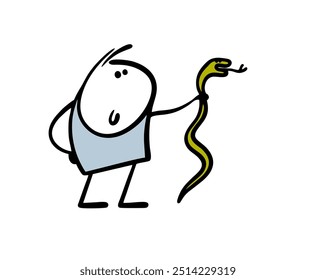 El hombre cazador de serpientes ha atrapado una serpiente verde en la selva y está sosteniendo un animal venenoso por el cuello. Ilustración vectorial de un hombre valiente y un símbolo chino del año Nuevo. Artista, domador en un circo.