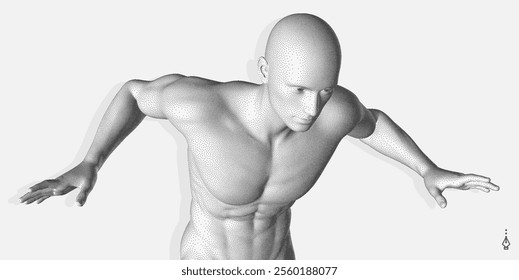 A man sneaking around and looking for a way out. 3d model of human body. Vector illustration for banner, poster, cover, postcard, brochure or presentation.