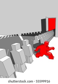 man is sneaking away from a long queue in front of large door  (also available as bitmap)