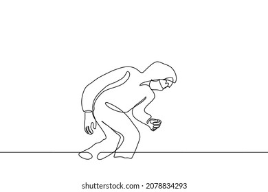 man sneaking hunched over in hoodie and mask - one line drawing vector. concept of avoiding attention, cheating, getting into forbidden place, metaphor for the activity of hacker 
