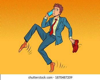 The man sneaks up quietly. Shoes in hand, talking on the phone. Pop art retro illustration 50s 60s vintage kitsch style