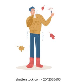 El hombre estornuda por el tejido. Concepto de brote de coronavirus COVID-19. Personaje masculino de largo recorrido con un suéter y calcetines de punto y un termómetro en mano. Ilustración plana del vector