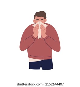 Man sneezes and blows his nose into a handkerchief. Sick guy suffers from allergies or a cold. Hand drawn color vector illustration isolated on white background. Modern flat cartoon style.