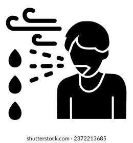 Man sneezes or coughs solid icon. Person sprays a virus in the air around glyph style pictogram on white background. Sputum corona virus spread for mobile concept and web design. Vector graphics