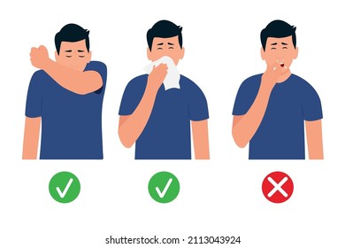 Man Sneezes In Elbow And Napkin.The Boy Does Not Cover His Mouth Before Sneezing. How To Sneeze Right. Virus Prevention Spread. Flat Vector Illustration.