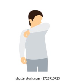 man sneezes into the bend of his elbow, a man correctly covers his face. flat vector illustration