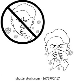 The man sneezes into his fist. The image is crossed out. The man blows his nose in a handkerchief.Prevention Сoronavirus SARS-CoV-2.Vector illustration in Doodle style. Isolated on a white background.