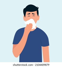 Man sneezes and uses paper napkin. How to sneeze right. Virus prevention spread. Flat vector illustration.Seasonal allergies. Healthcare concept. 