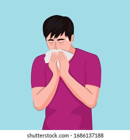 A Man Is Sneezing And Covering Her Nose Or Mouth With A Tissue