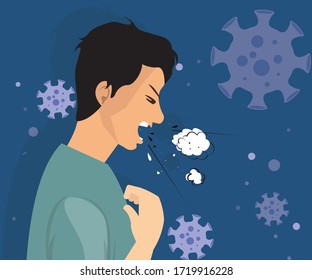 Man Sneezing With Droplets And Airborne, Need Social Distance To Break The Chain Of Coronavirus