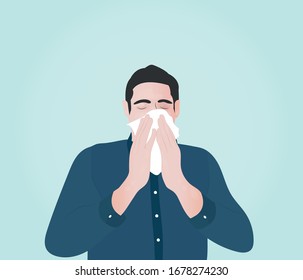 Man sneezing in handkerchief coughing as allergy from air pollution to cover his mouth to reduce the number of virus germs to spread from cough when sick vector illustration 