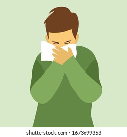 A man sneezing in handkerchief vector illustration. Sneezing young man in flat design. Sick man sneeze. Season allergy. 