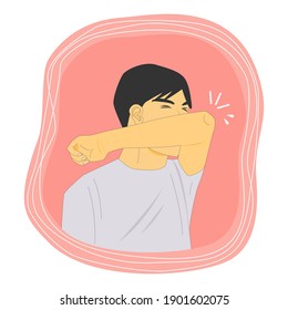 Man sneezing in his elbow for protect virus  spreading to others people cartoon vector