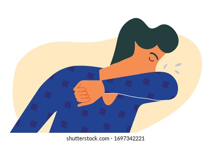 Man sneezing into his elbow during COVID-19 quarantine colorful vector illustration.