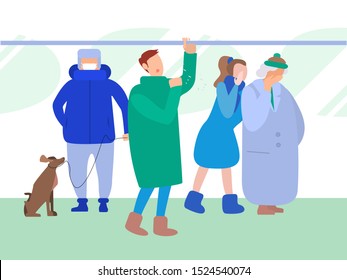 A man sneezing in a public transport in a crowd