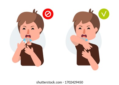 Man sneezing right and wrong in hand and elbow, illustration.vector