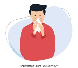 man sneezing vector illustration. cover nose with tissue