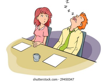 Man snoozing at a conference table while a woman coworker stares.