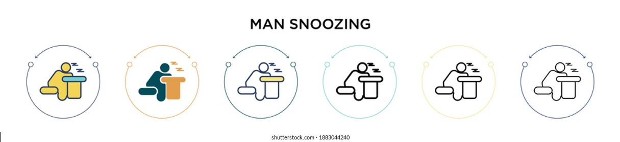 Man snoozing icon in filled, thin line, outline and stroke style. Vector illustration of two colored and black man snoozing vector icons designs can be used for mobile, ui, web