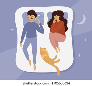 Man Snoring Loudly In Bed At Night. Wife Lying Awake With Open Eyes Staring At Husband. Woman And Cat Can Not Sleeping. Couple In Bedroom. Trouble With Sleep, Family Issues. Snore Vector Illustration.