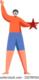 Man snorkeler in diving mask holding starfish, vector flat illustration isolated on white background. Snorkeling, summer water sport concept for web banner, website page etc.