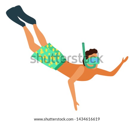 Man snorkeling in diving mask isolated. Vector male with tube going to dive, underwater floating person in shorts and flippers, waving hand. Summer activities