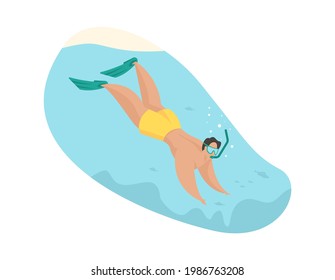 Hombre buceando. Submarinismo extremo con breve inmersión. Bañarse con gafas y bucear hasta el arrecife submarino. Profundas vistas al océano con coral y minería de ostras de perlas. Ilustración plana vectorial aislada