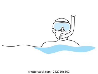 Man with snorkeling mask in continuous one line drawing. Diving sport in sea water concept.