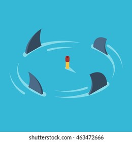 Man snorkeling in the middle of the ocean surrounded by sharks. Business metaphor the concept of risk, danger and stress. Vector colorful illustration isometric flat style