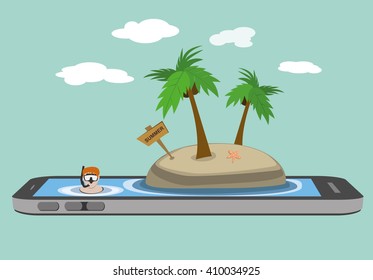 man snorkeling on the sea tropical islands beach on smartphone mobile screen. summer vacation concept