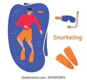 man snorkeling in the sea, male character swimming , flat illustration of beach activity, vacation, resort, sport, championship. Vector simple trendy style illustration for poster, card