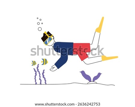 Man snorkeling while wanting to hold a fish, marveling at the beauty under the sea. Character design. Vector flat illustration