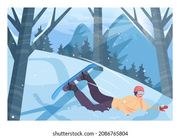 Man In A Snow Bank. Snowboarder Fell Down A Hill Snowboarding. Snowboard Newbie Failure. Freeride Track. Winter Extreme Sport Activities. Flat Vector Illustration