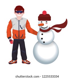 man with snow sport uniform and snowman